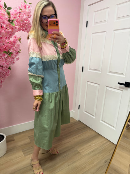 Dusty Sage Tiered Color Block Lace Trim Button Up Midi Dress