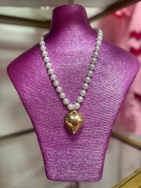 Gold and Pearl Heart Pendant Necklace