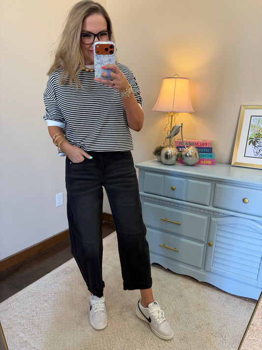 Black Striped Contrast Trim Banded Bottom Top