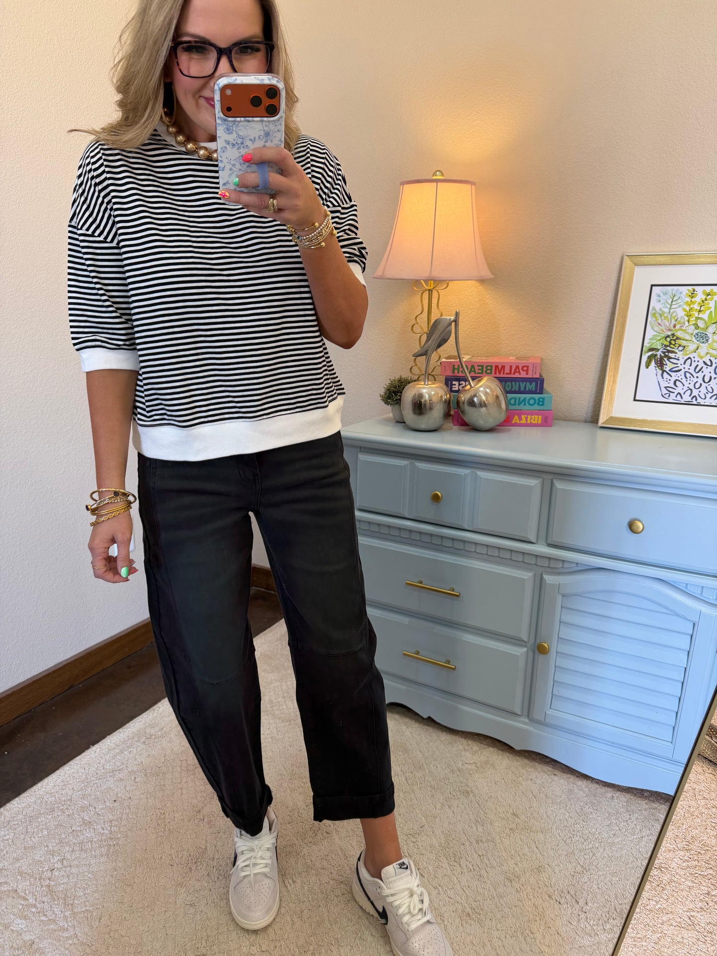 Black Striped Contrast Trim Banded Bottom Top