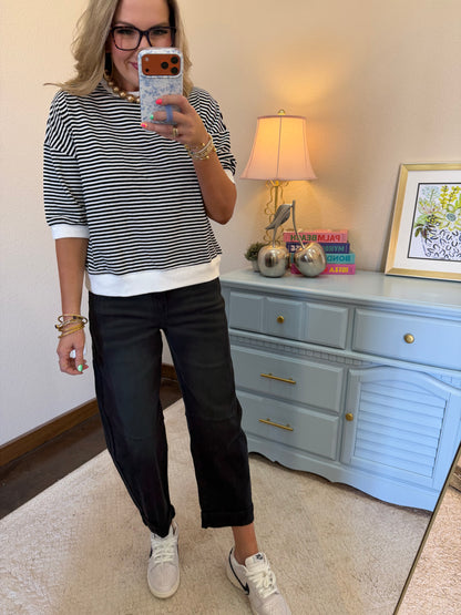 Black Striped Contrast Trim Banded Bottom Top