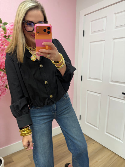 Black High Neck Button Up Pleated Top