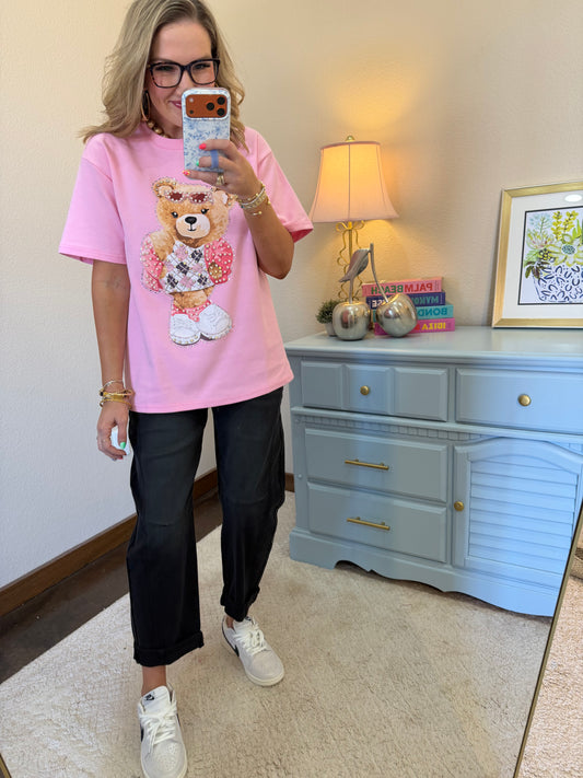 Pink Sunglass Teddy Graphic Tee- One Size