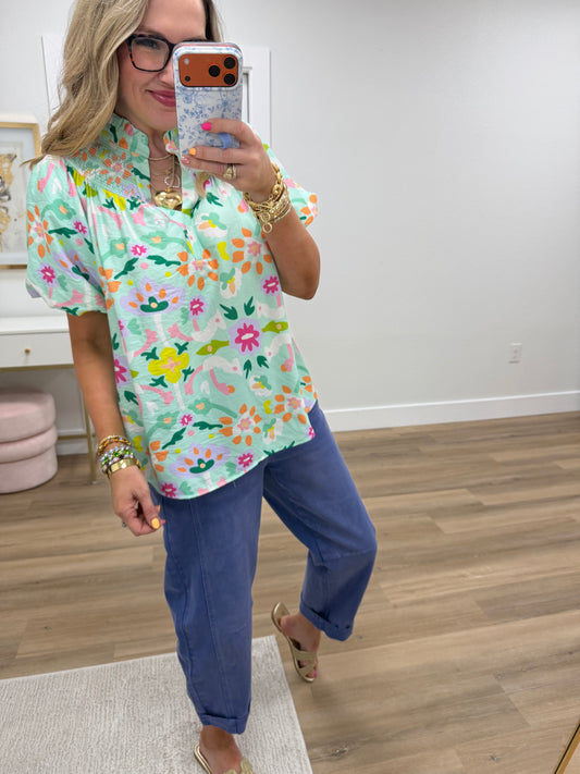 Mint Mix Folk Art Print Top