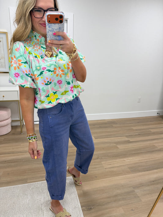 Mint Mix Folk Art Print Top