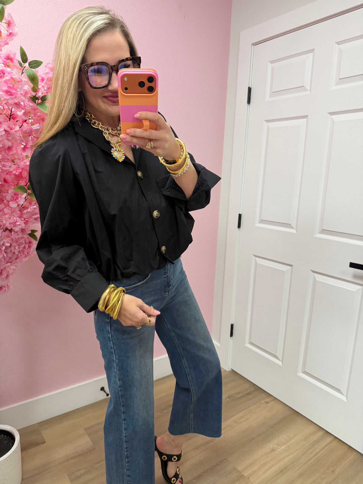 Black High Neck Button Up Pleated Top