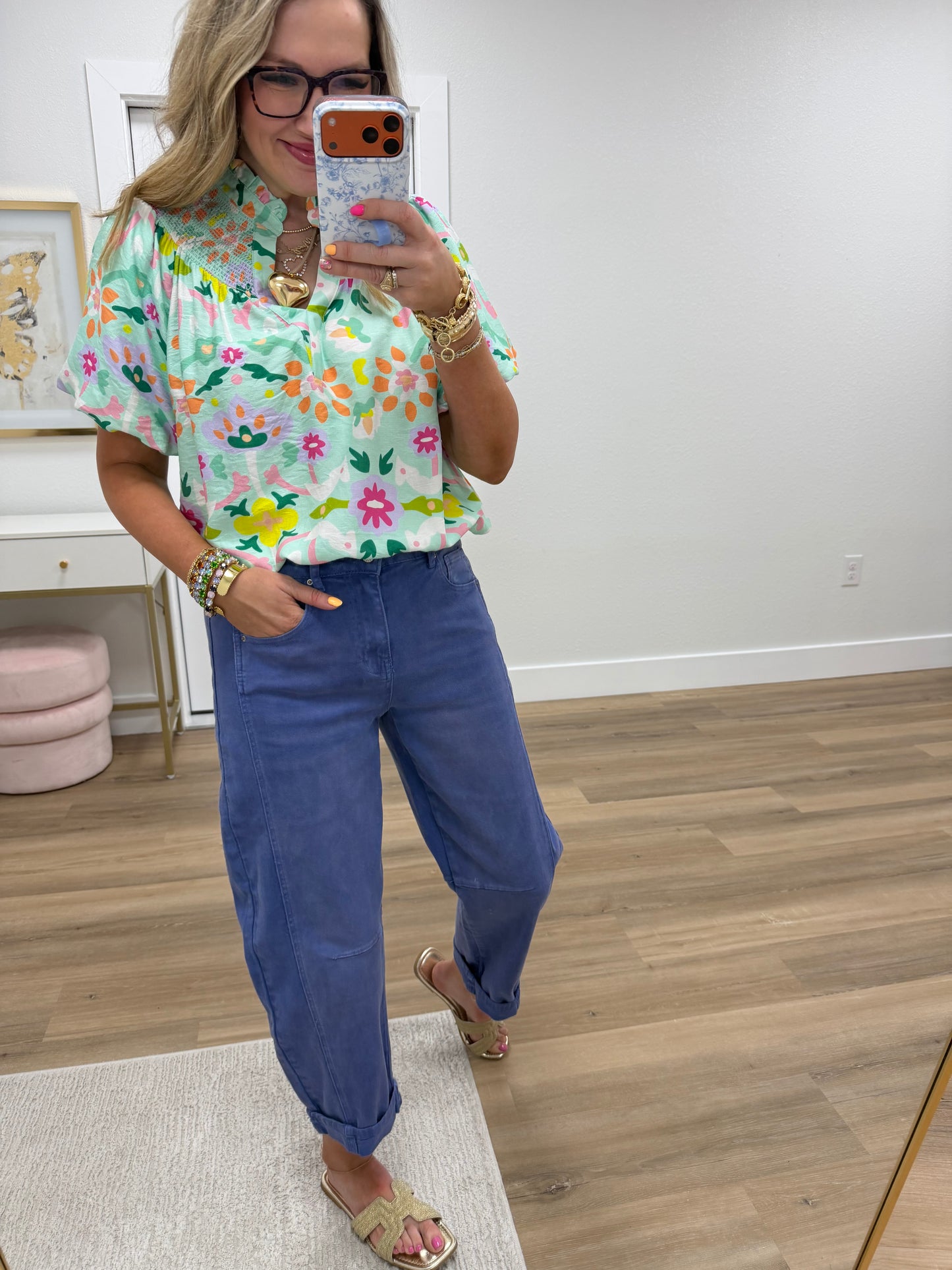 Mint Mix Folk Art Print Top