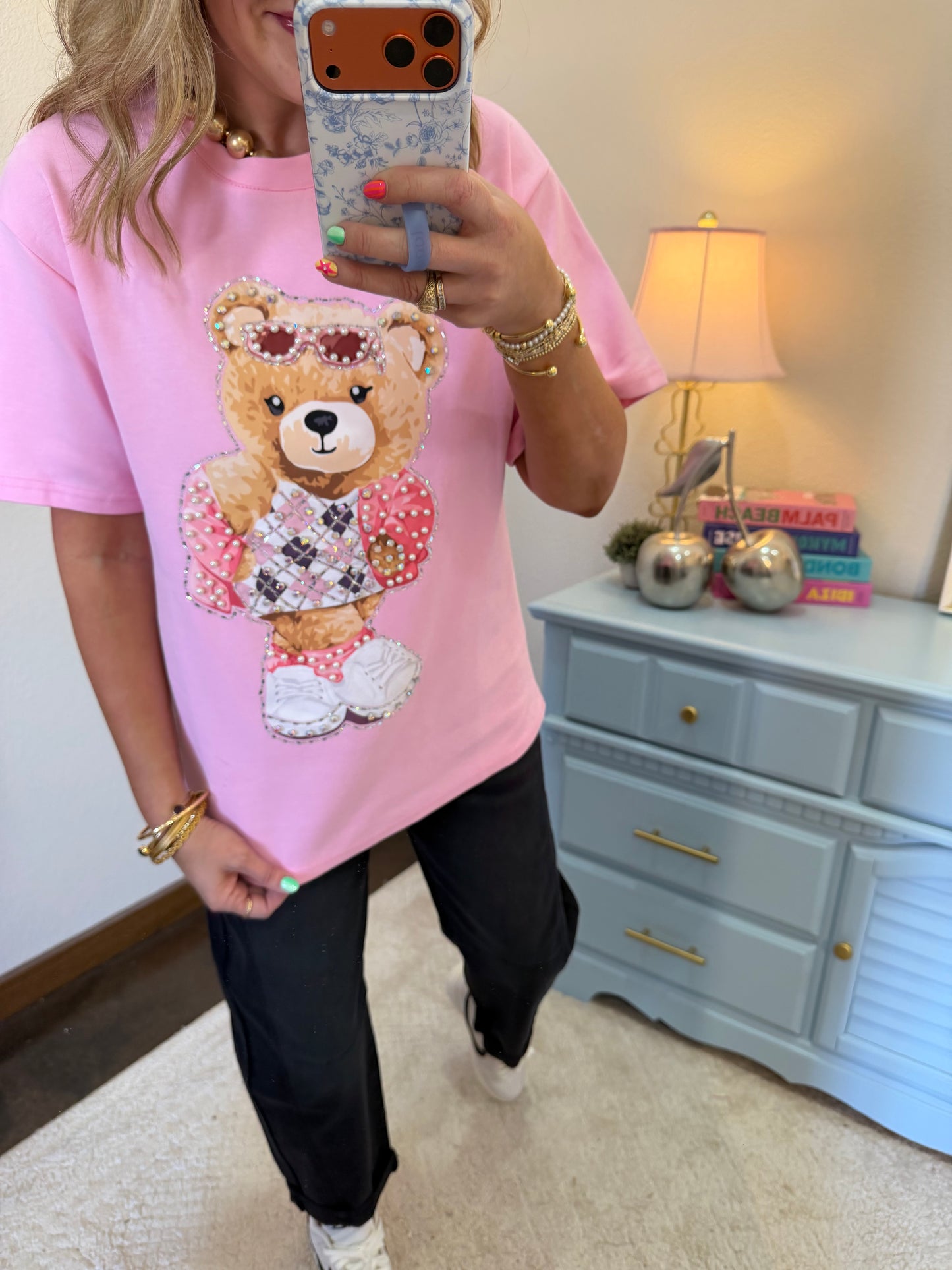 Pink Sunglass Teddy Graphic Tee- One Size