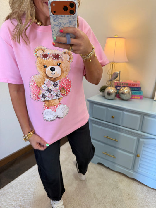 Pink Sunglass Teddy Graphic Tee- One Size