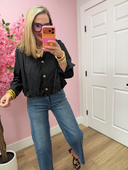 Black High Neck Button Up Pleated Top