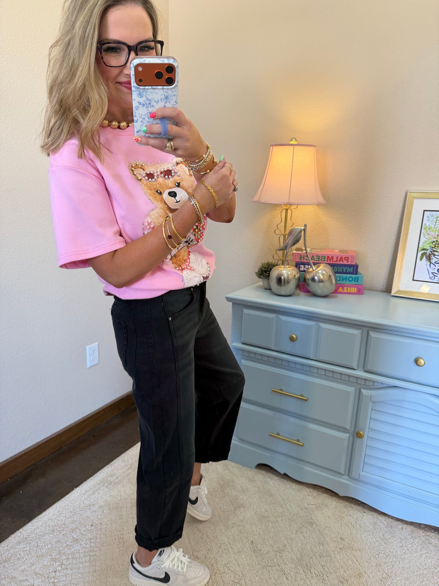 Pink Sunglass Teddy Graphic Tee- One Size
