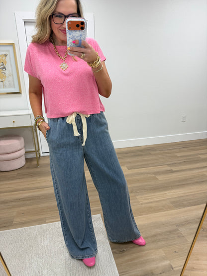 Denim Wide Leg Drawstring Elastic Waistband Pants