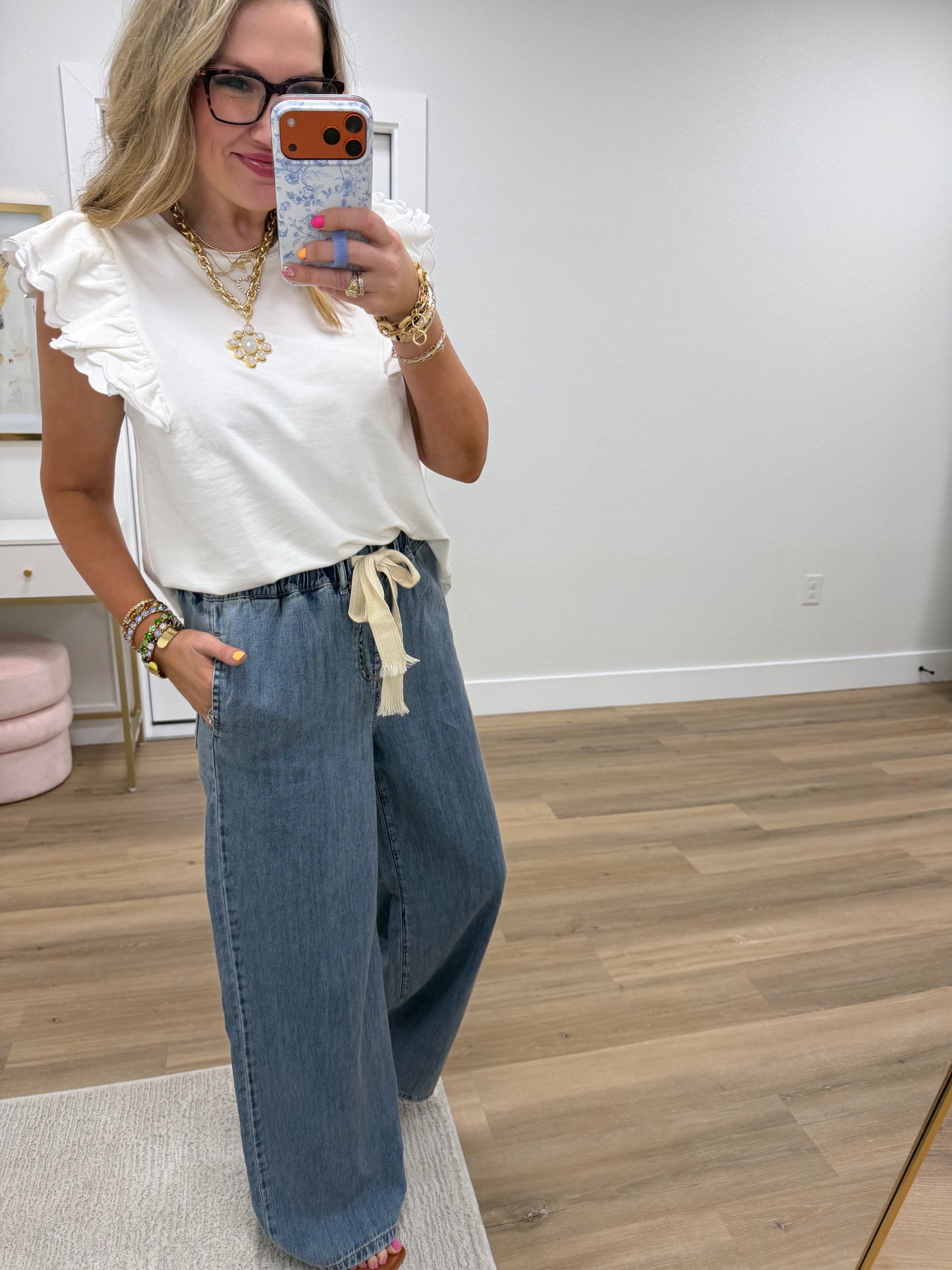 Denim Wide Leg Drawstring Elastic Waistband Pants