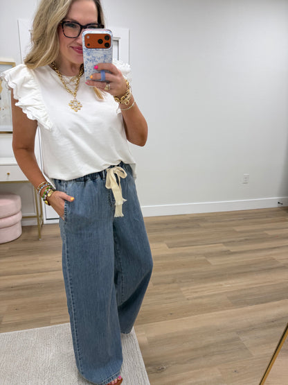 Denim Wide Leg Drawstring Elastic Waistband Pants