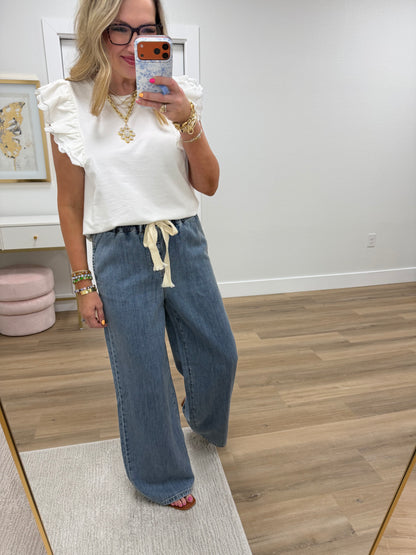 Denim Wide Leg Drawstring Elastic Waistband Pants