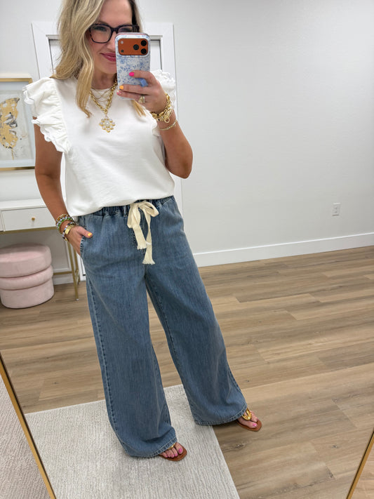 Denim Wide Leg Drawstring Elastic Waistband Pants