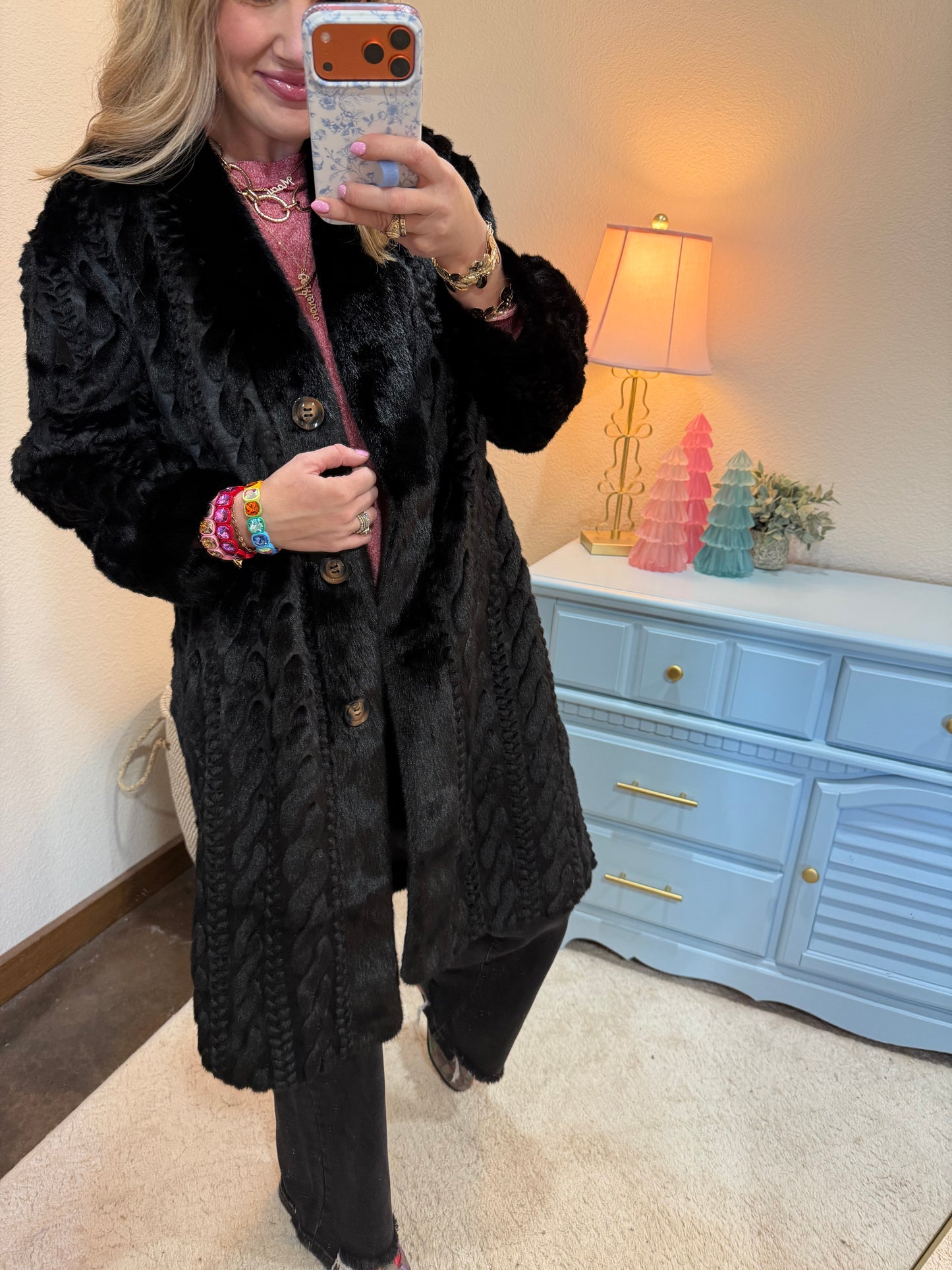 Black Full Sleeve Fuzzy Fur Coat Long Length