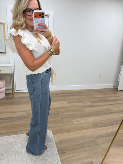 Denim Wide Leg Drawstring Elastic Waistband Pants