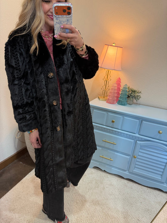 Black Full Sleeve Fuzzy Fur Coat Long Length