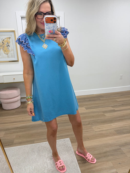 Blue and Pink Detailed Flutter Sleeve Dress