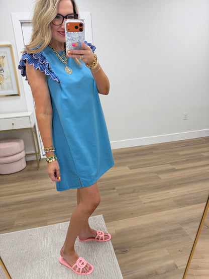 Blue and Pink Detailed Flutter Sleeve Dress