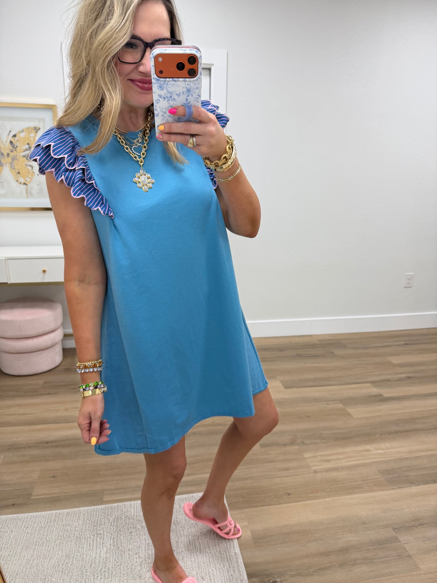 Blue and Pink Detailed Flutter Sleeve Dress