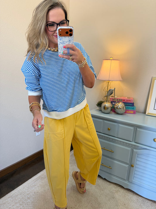 Ocean Blue Striped Contrast Trim Banded Bottom Top