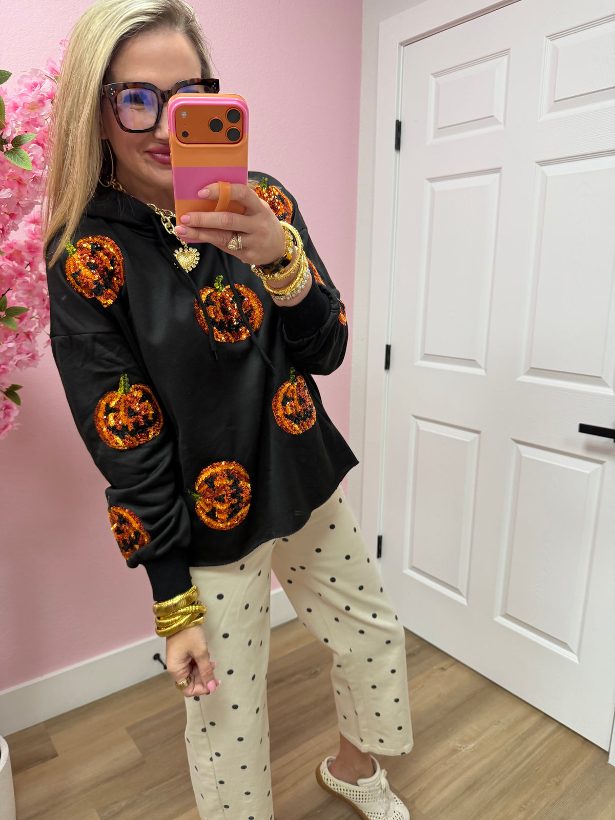 Black Sequin Pumpkin Patches Hoodie