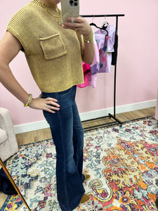 Deep Camel Cropped Short Sleeve Sweater Top