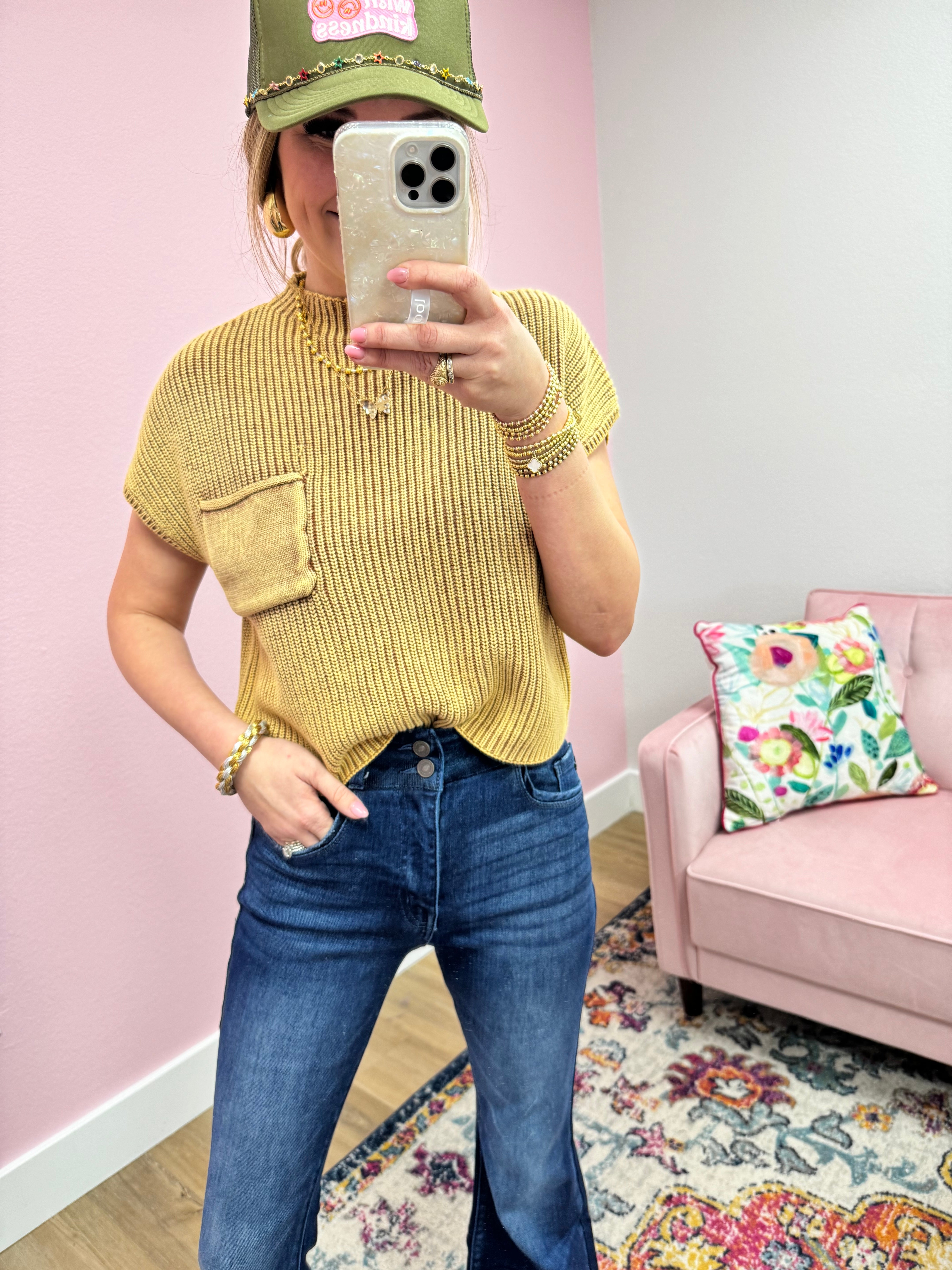 Deep Camel Cropped Short Sleeve Sweater Top