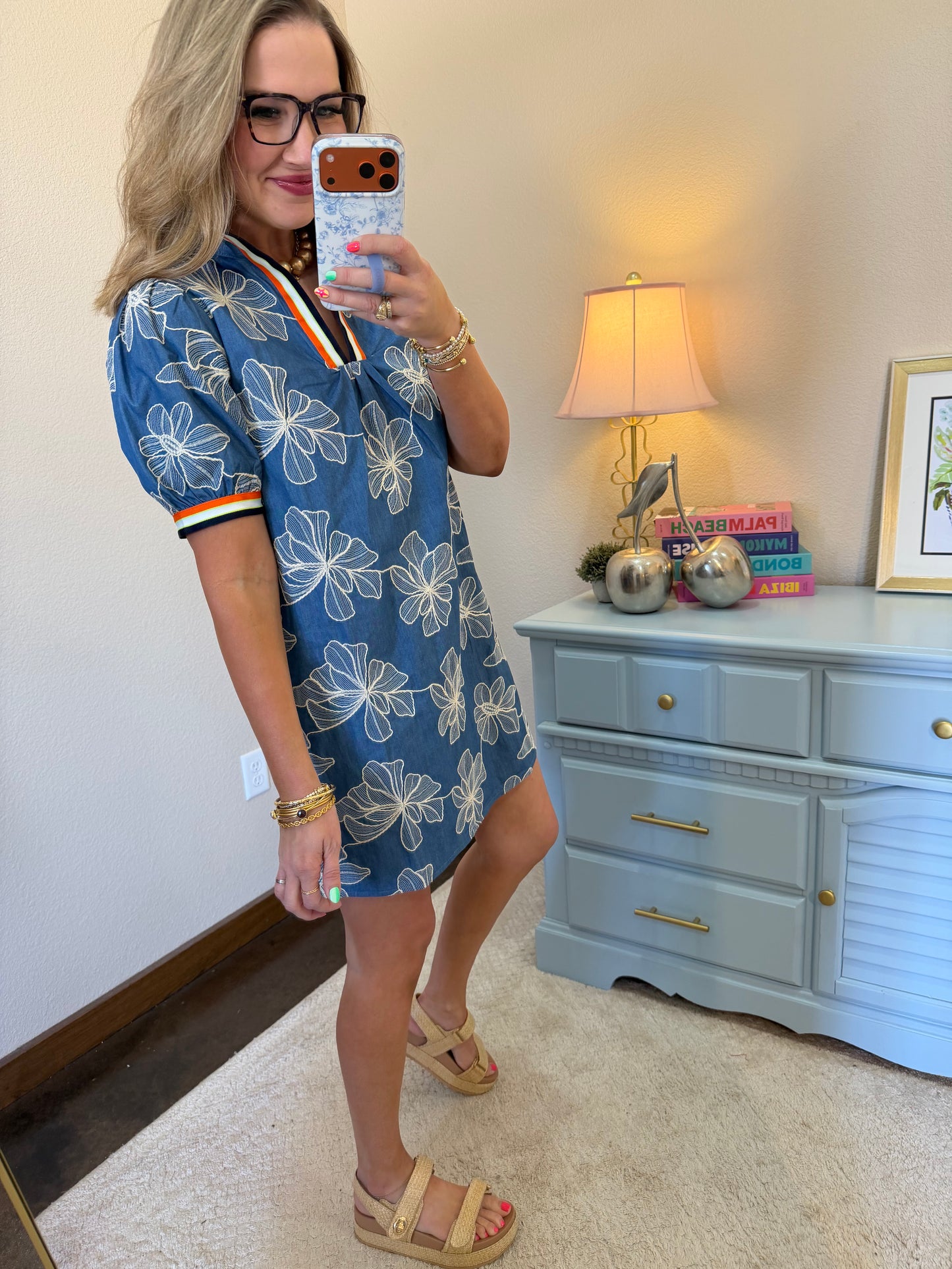 Blue Stripe Trim Detailed Floral Embroidery Shift Dress