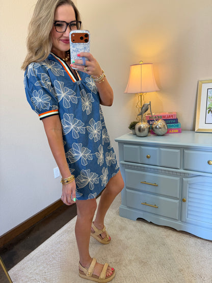 Blue Stripe Trim Detailed Floral Embroidery Shift Dress