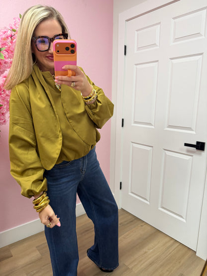 Olive Scarf Collar Long Sleeve Puffy Jacket
