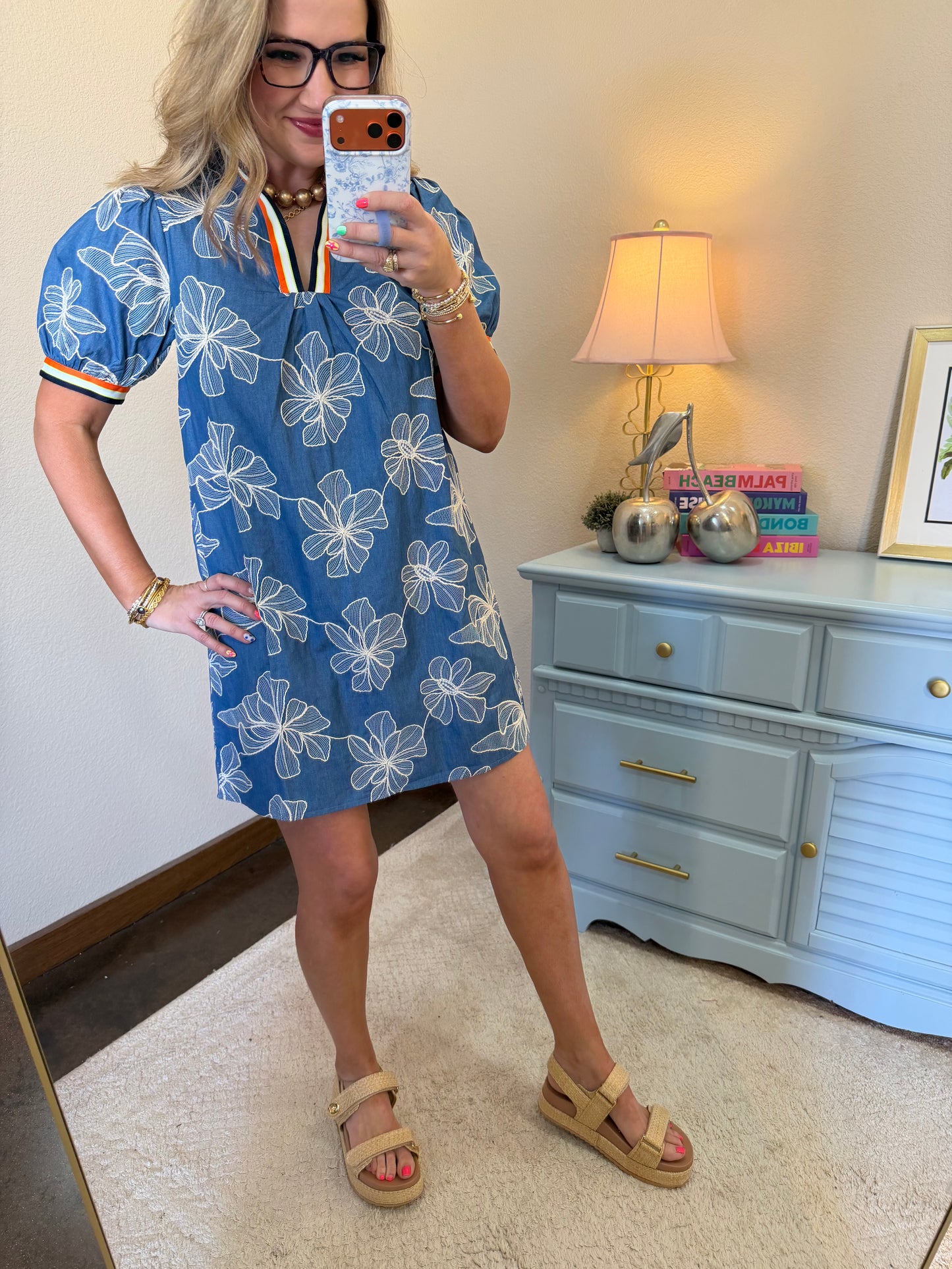 Blue Stripe Trim Detailed Floral Embroidery Shift Dress