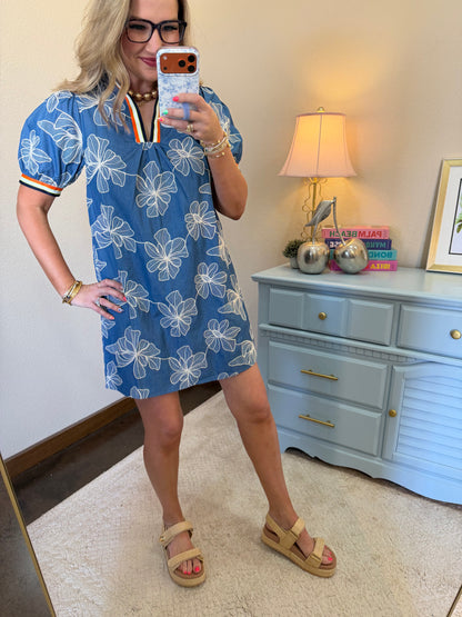 Blue Stripe Trim Detailed Floral Embroidery Shift Dress