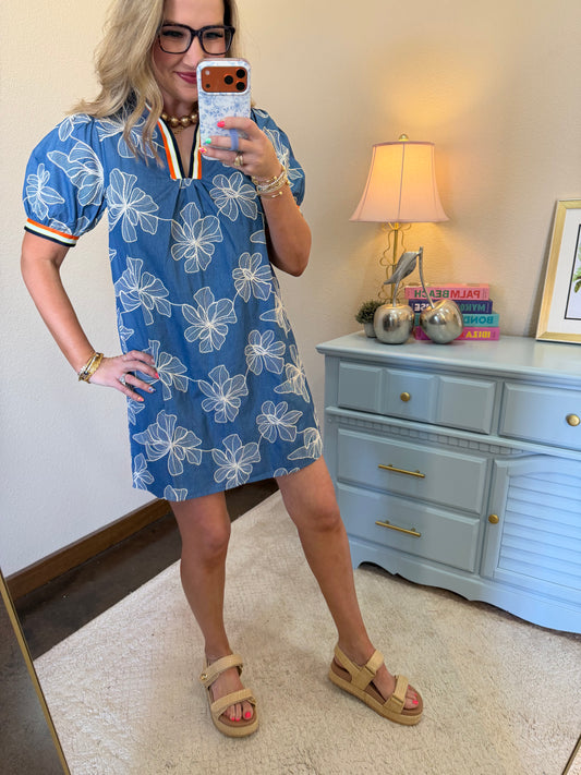 Blue Stripe Trim Detailed Floral Embroidery Shift Dress