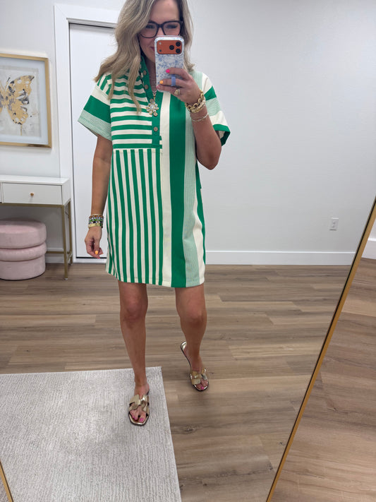 Kelly Green Mixed Stripe Collared Mini Dress