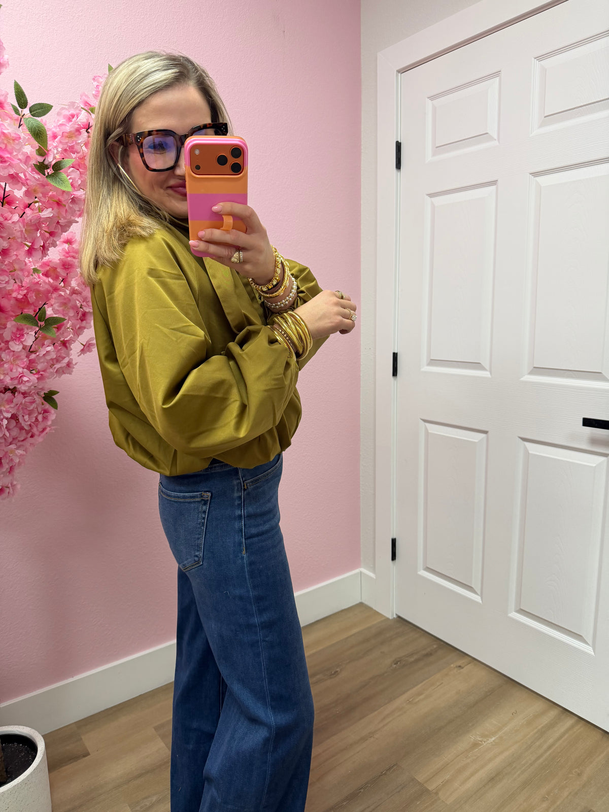 Olive Scarf Collar Long Sleeve Puffy Jacket