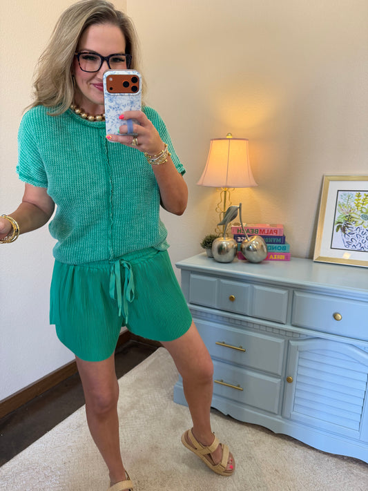 Kelly Green Short Sleeve Waffle Knit Top