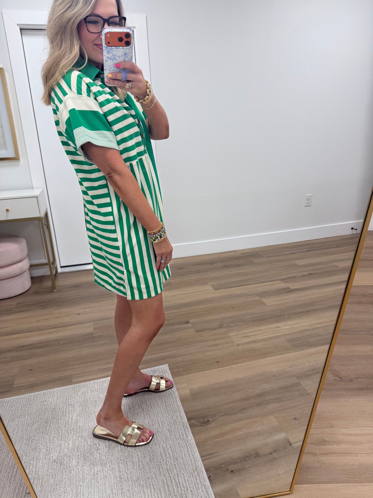 Kelly Green Mixed Stripe Collared Mini Dress