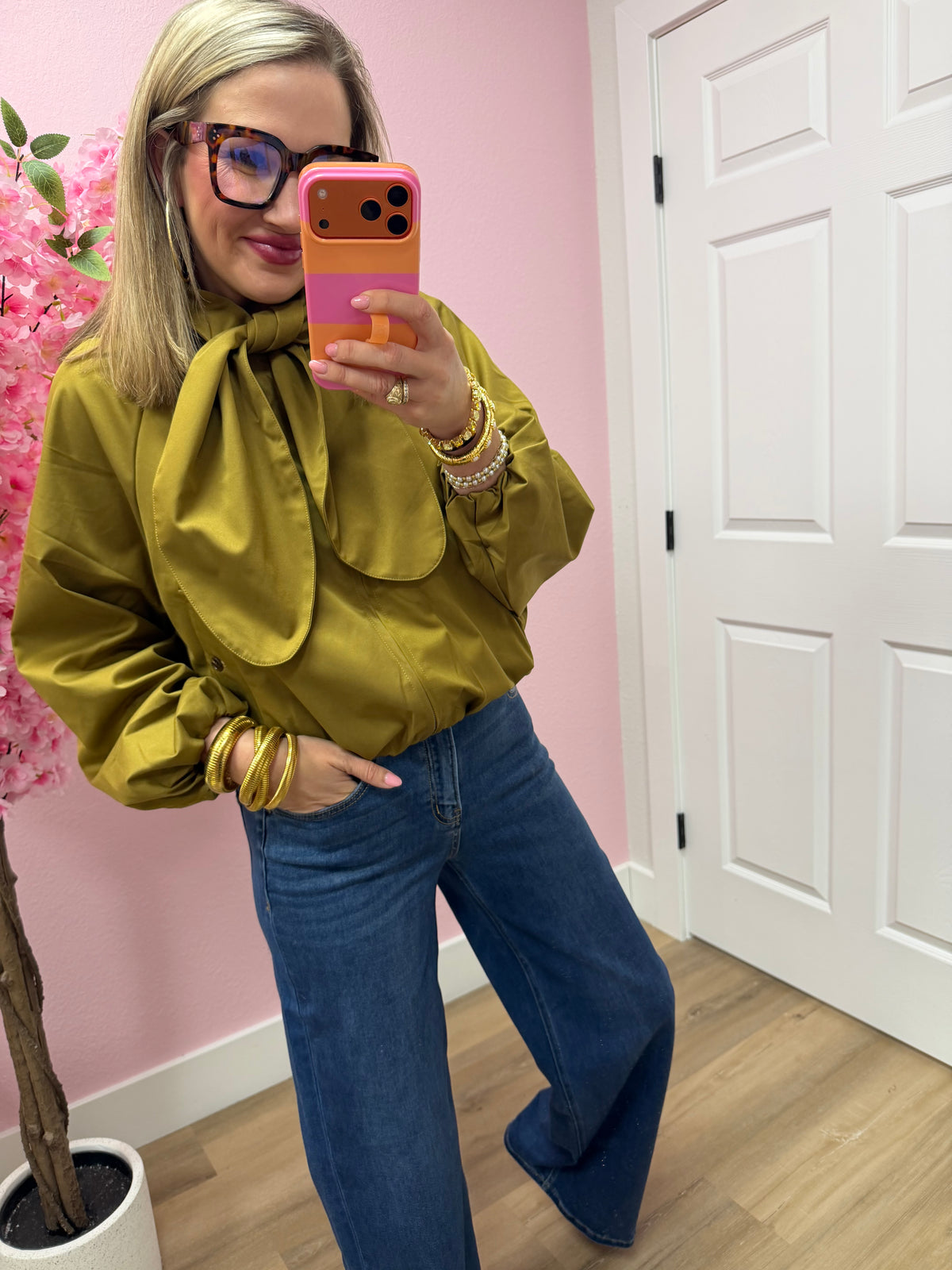 Olive Scarf Collar Long Sleeve Puffy Jacket