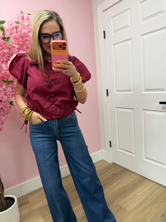 Wine Side Tie Button Up High Neck Top
