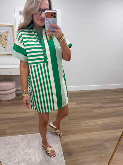 Kelly Green Mixed Stripe Collared Mini Dress