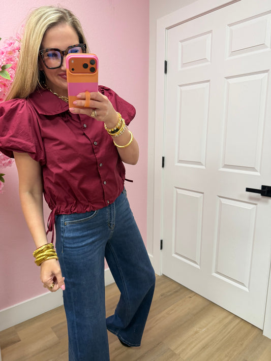 Wine Side Tie Button Up High Neck Top