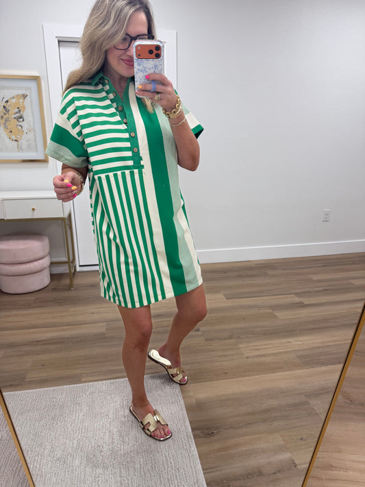 Kelly Green Mixed Stripe Collared Mini Dress