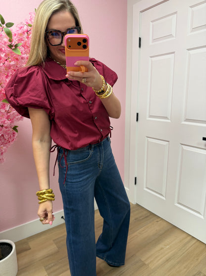 Wine Side Tie Button Up High Neck Top