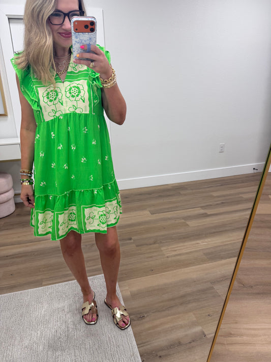 Apple Green Printed Flutter Sleeve Dress