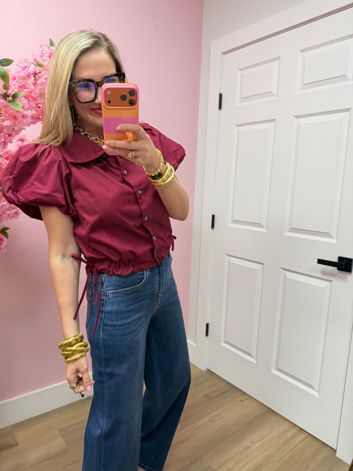 Wine Side Tie Button Up High Neck Top