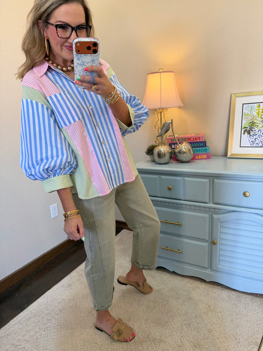 Blue & Pink Stripe Mix & Match Button Down Top