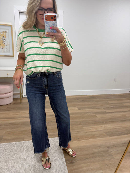 Dark Wash Straight Raw Hem Jeans (Kick Flare Sister!)